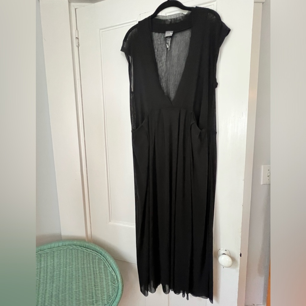 Chic Lilith France vintage black net oversized dress, deep V neck, pristine